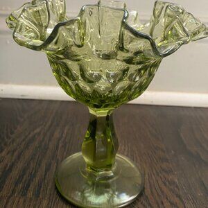 Fenton Glass Candy Compote Dish Vase Colonial Green thumbprint 6"  # 4425